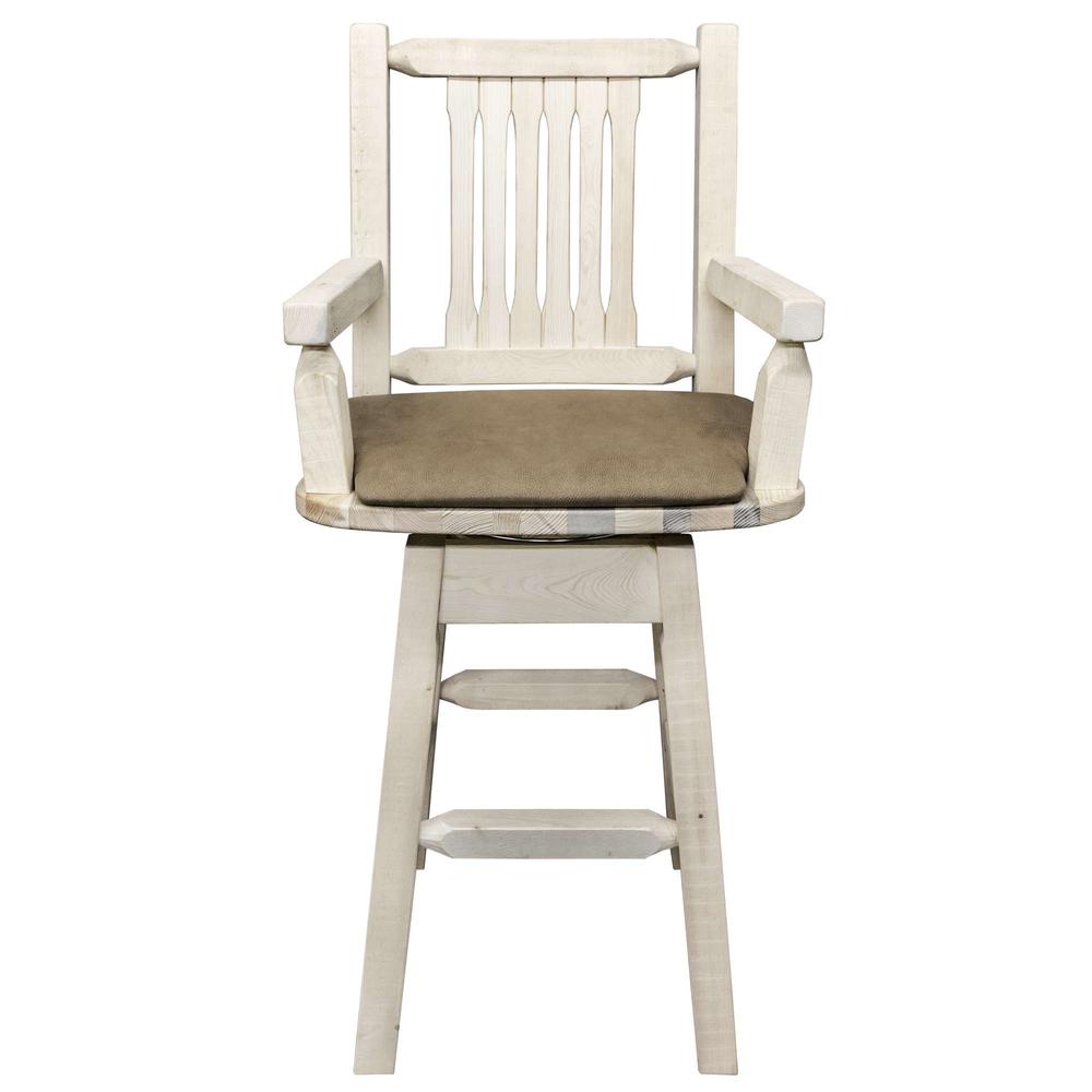 Homestead Collection Captain's Barstool w/ Back & Swivel, Clear Lacquer Finish w/ Upholstered Seat, Buckskin Pattern. Picture 2