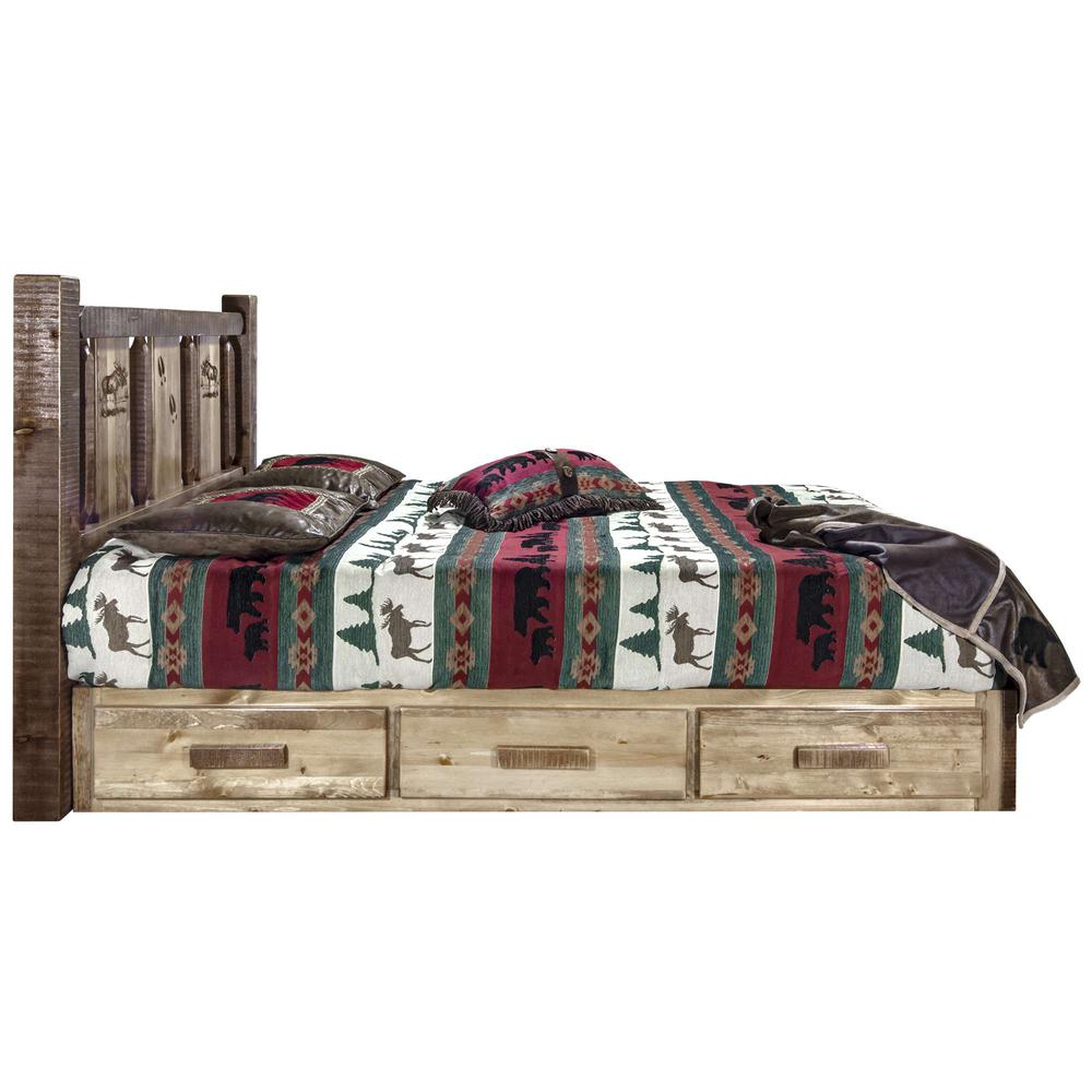 Homestead Collection Platform Bed w/ Storage, Full w/ Laser Engraved Moose Design, Stain & Clear Lacquer Finish. Picture 4