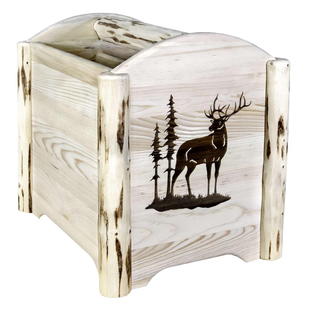 Montana Collection Magazine Rack w/ Laser Engraved Elk Design, Clear Lacquer Finish. Picture 1