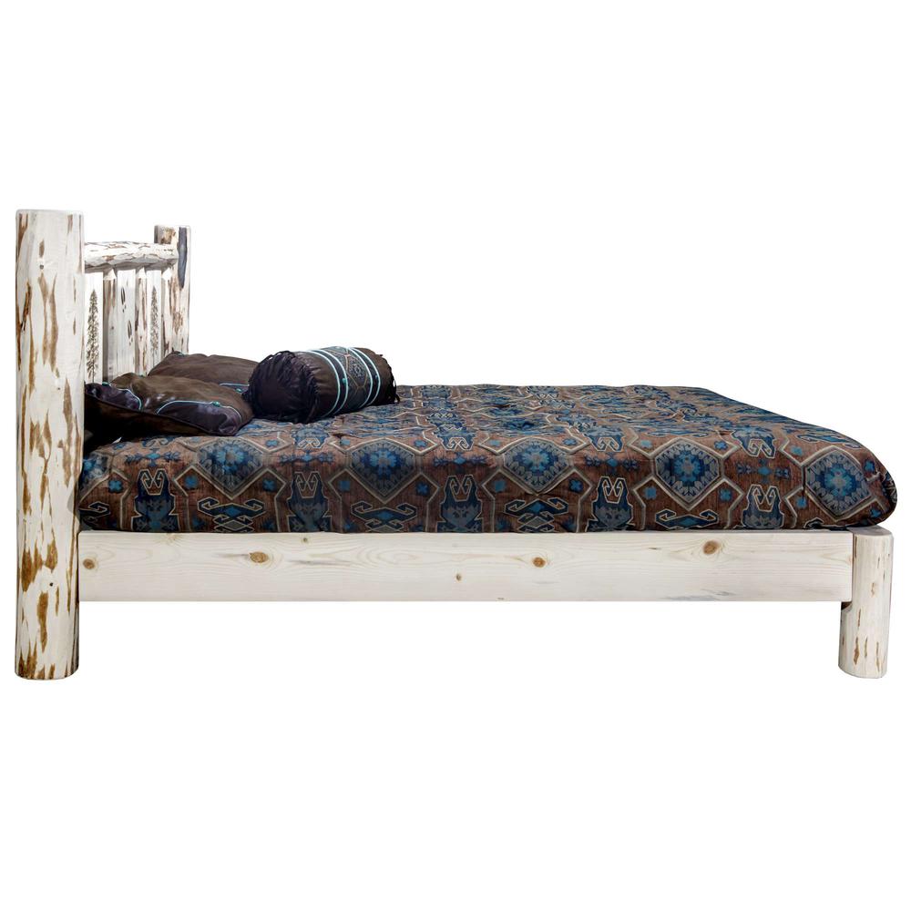 Montana Collection Full Platform Bed w/ Laser Engraved Pine Tree Design, Clear Lacquer Finish. Picture 4