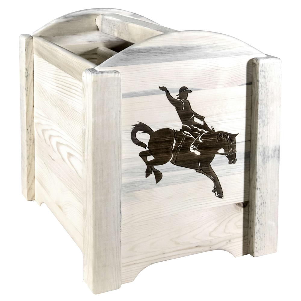 Homestead Collection Magazine Rack w/ Laser Engraved Bronc Design, Clear Lacquer Finish. Picture 1