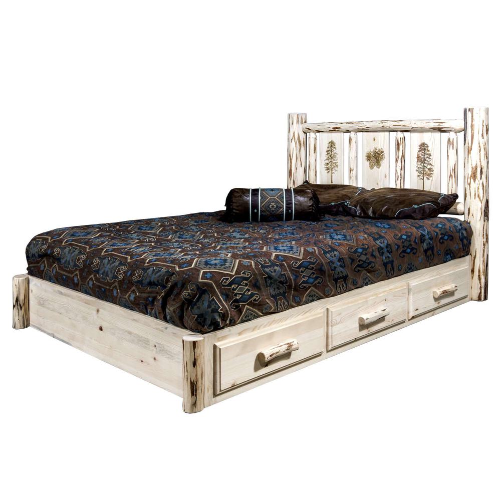Montana Collection Platform Bed w/ Storage, Full w/ Laser Engraved Pine Design, Clear Lacquer Finish. Picture 3