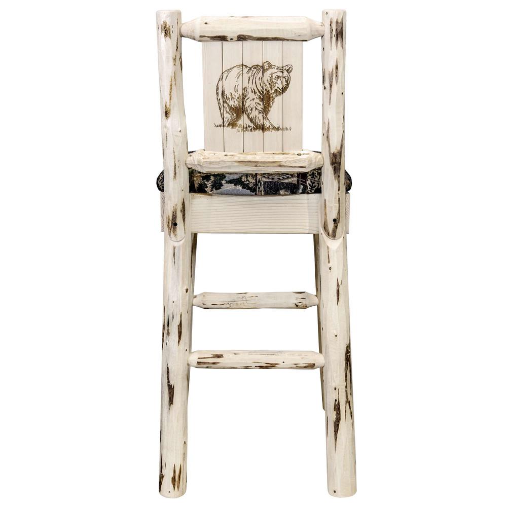 Montana Collection Barstool w/ Back - Woodland Upholstery, w/ Laser Engraved Bear Design, Clear Lacquer Finish. Picture 2