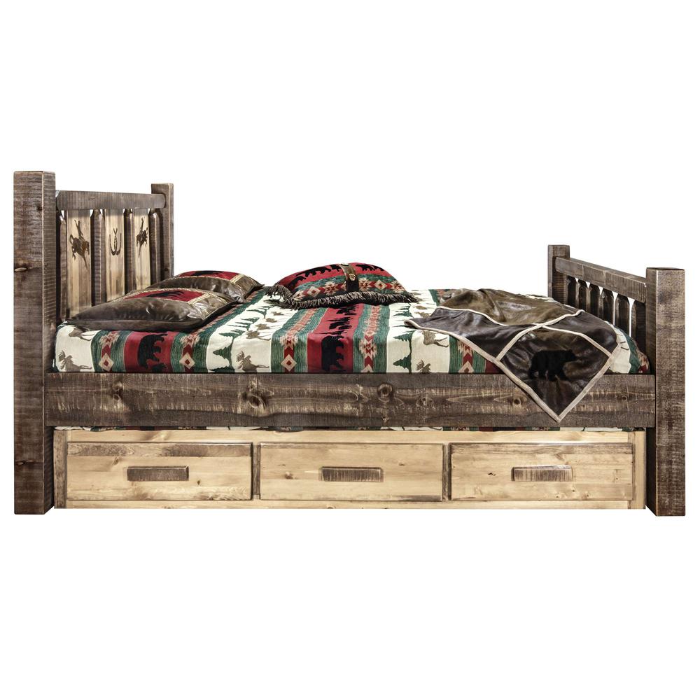 Homestead Collection Full Storage Bed w/ Laser Engraved Bronc Design, Stain & Clear Lacquer Finish. Picture 4