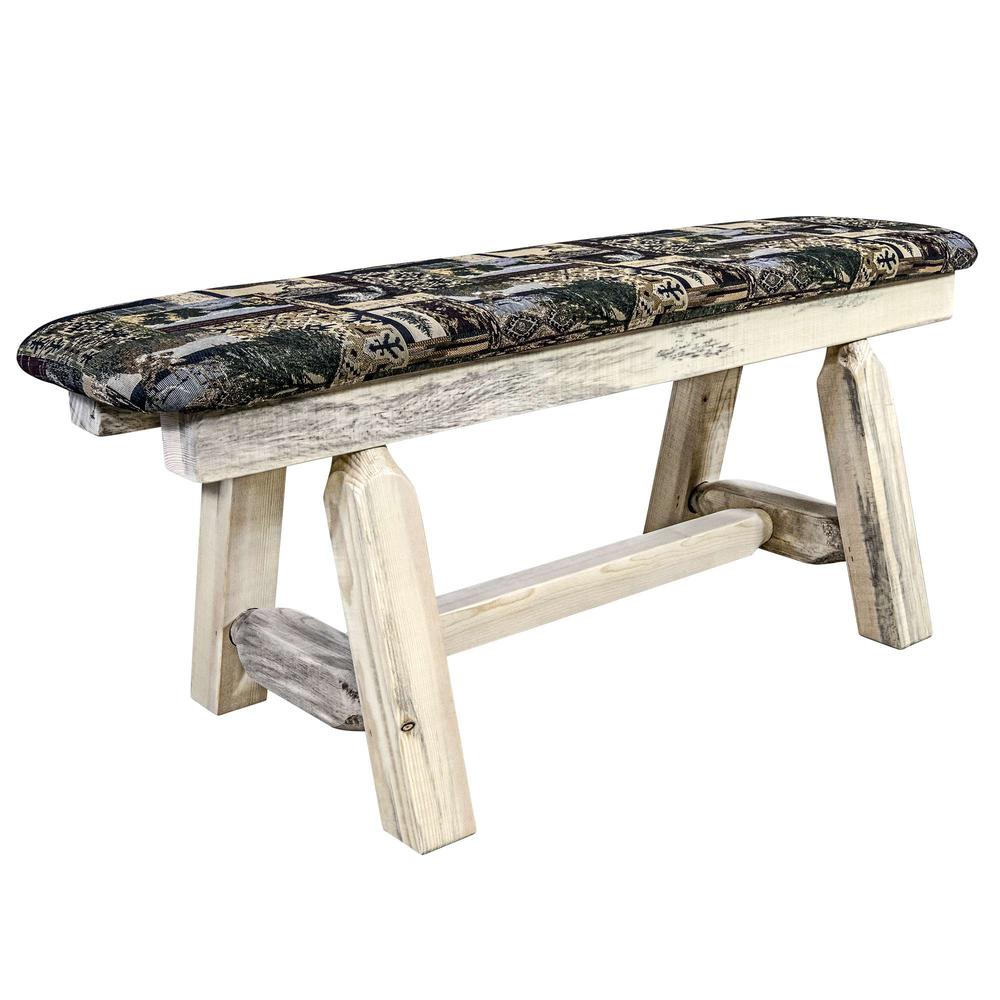 Homestead Collection Plank Style Bench, Clear Lacquer Finish, 45 Inch w/ Woodland Upholstery. Picture 1