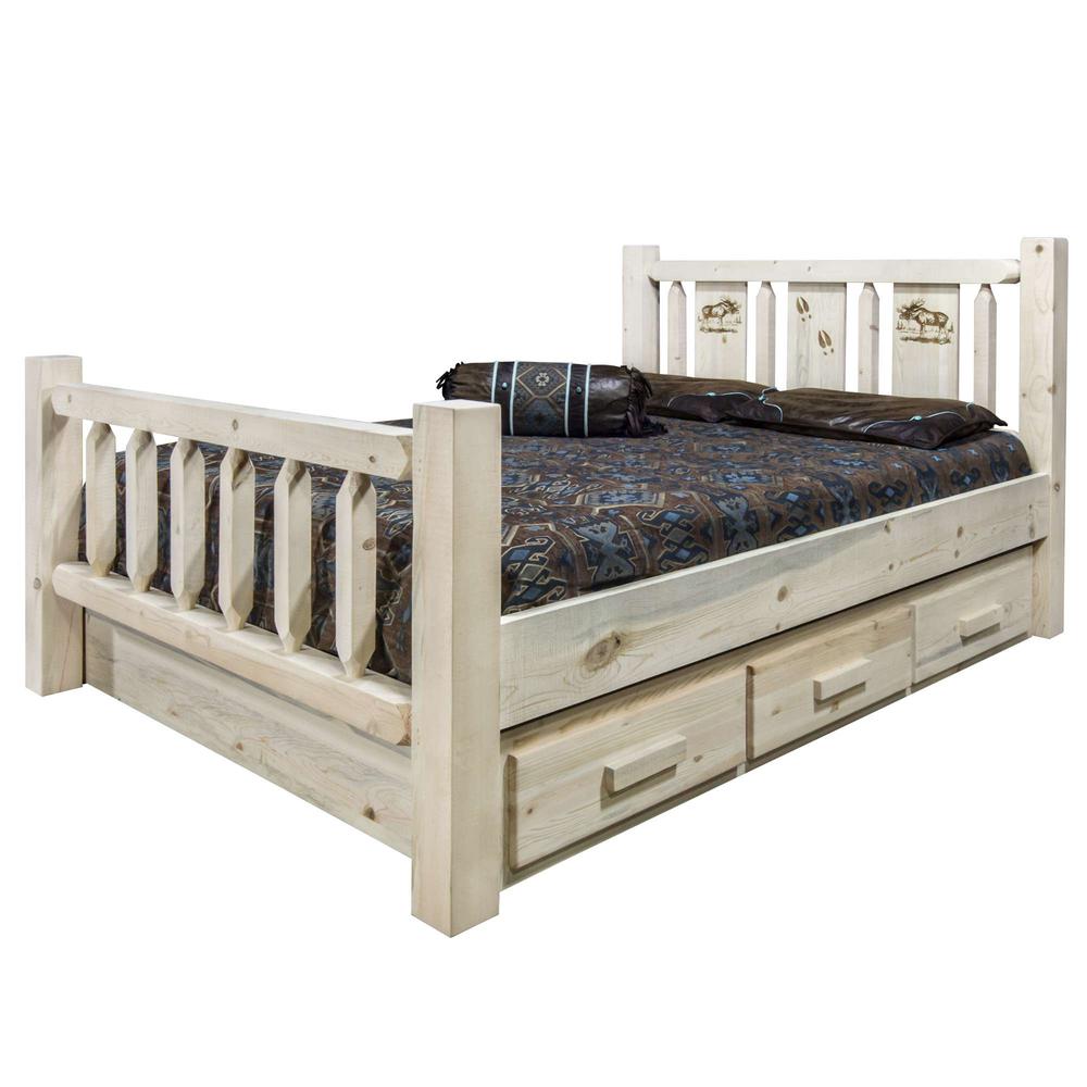 Homestead Collection California King Storage Bed w/ Laser Engraved Moose Design, Clear Lacquer Finish. Picture 3