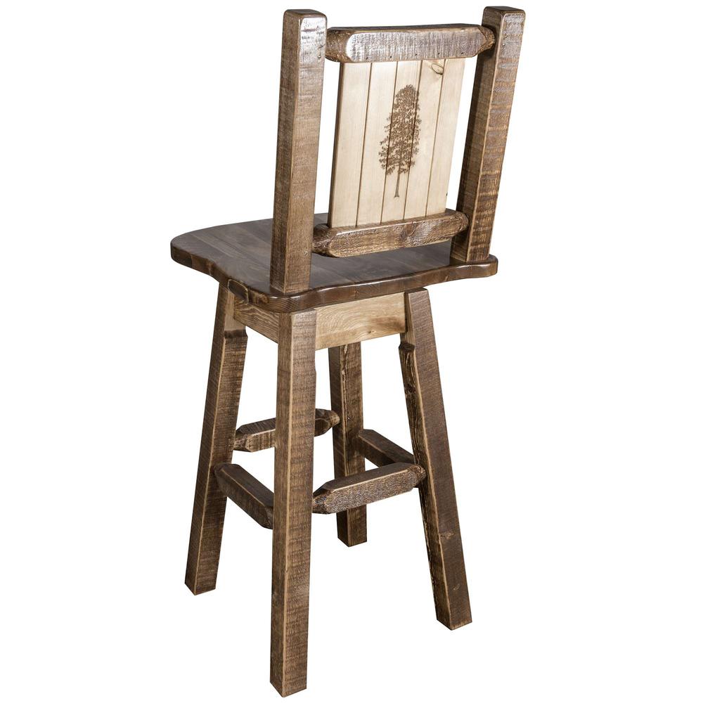 Homestead Collection Counter Height Barstool w/ Back & Swivel w/ Laser Engraved Pine Tree Design, Stain & Lacquer Finish. Picture 1