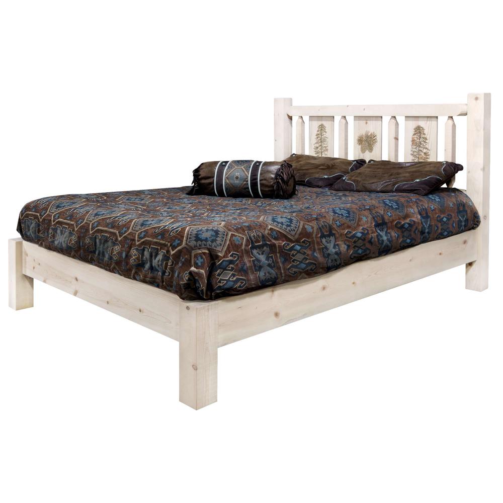 Homestead Collection King Platform Bed w/ Laser Engraved Pine Tree Design, Clear Lacquer Finish. Picture 3