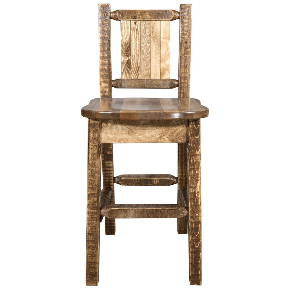 Homestead Collection Counter Height Barstool w/ Back, w/ Laser Engraved Bronc Design, Stain & Lacquer Finish. Picture 4