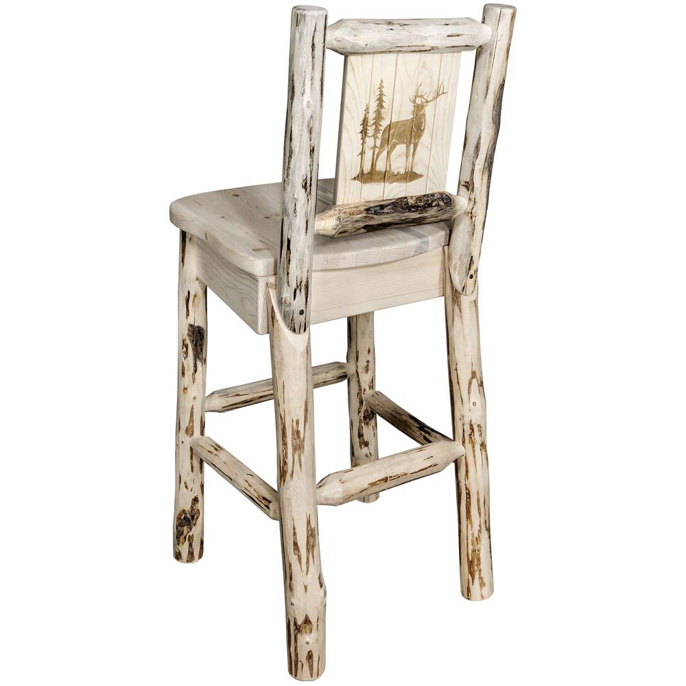 Montana Collection Counter Height Barstool w/ Back, w/ Laser Engraved Elk Design, Clear Lacquer Finish. Picture 1