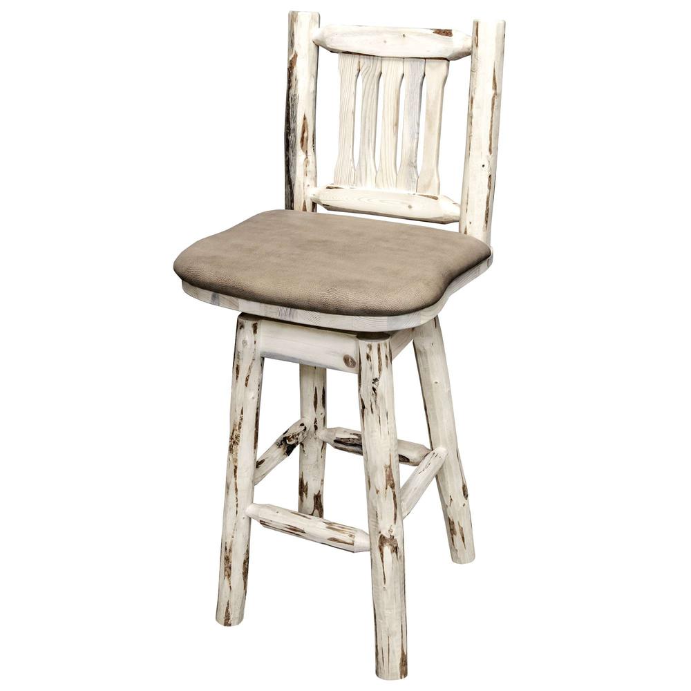 Montana Collection Barstool w/ Back & Swivel, Clear Lacquer Finish w/ Upholstered Seat, Buckskin Pattern. Picture 2