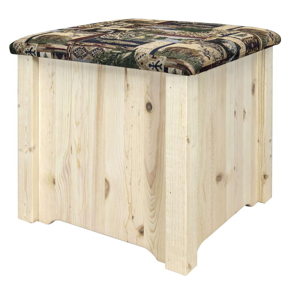 Homestead Collection Upholstered Ottoman w/ Storage, Woodland Upholstery, Clear Lacquer Finish. Picture 3