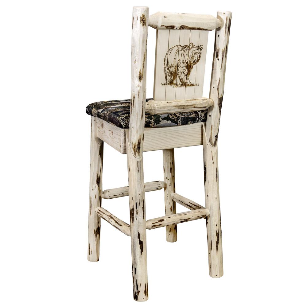 Montana Collection Barstool w/ Back - Woodland Upholstery, w/ Laser Engraved Bear Design, Clear Lacquer Finish. Picture 1