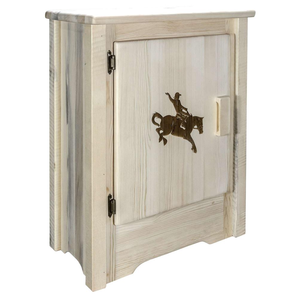 Homestead Collection Accent Cabinet w/ Laser Engraved Bronc Design, Left Hinged, Clear Lacquer Finish. Picture 1