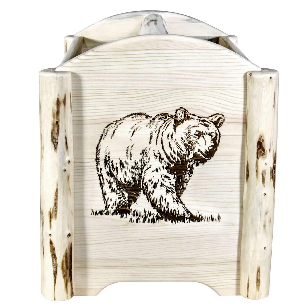 Montana Collection Magazine Rack w/ Laser Engraved Bear Design, Clear Lacquer Finish. Picture 2