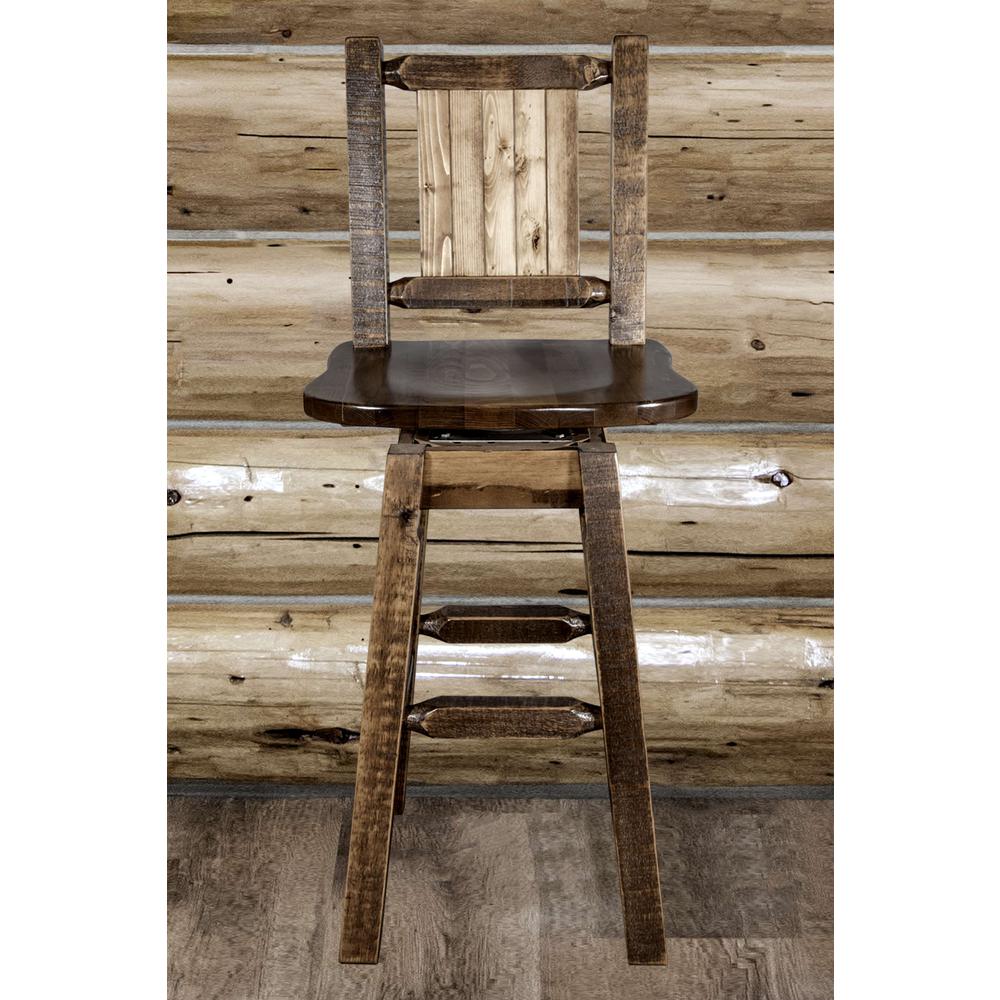 Homestead Collection Counter Height Barstool w/ Back & Swivel w/ Laser Engraved Bear Design, Stain & Lacquer Finish. Picture 9