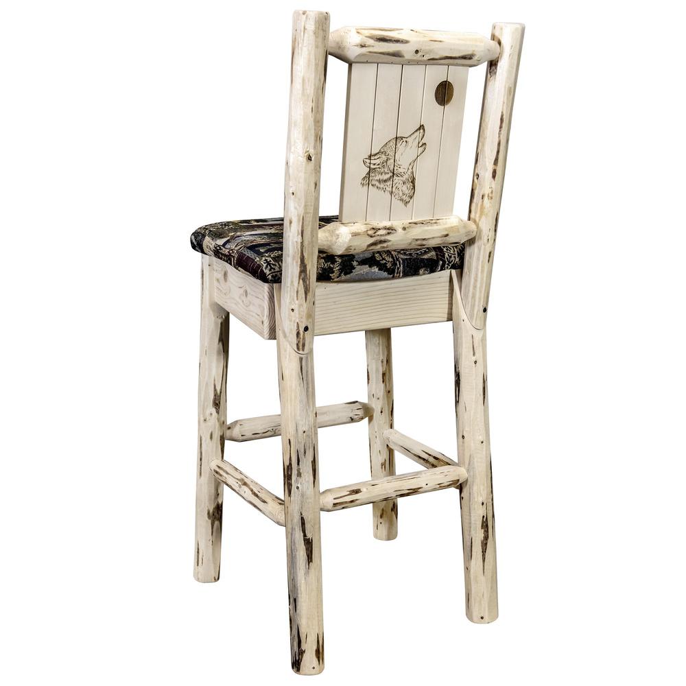 Montana Collection Barstool w/ Back - Woodland Upholstery, w/ Laser Engraved Wolf Design, Clear Lacquer Finish. Picture 1