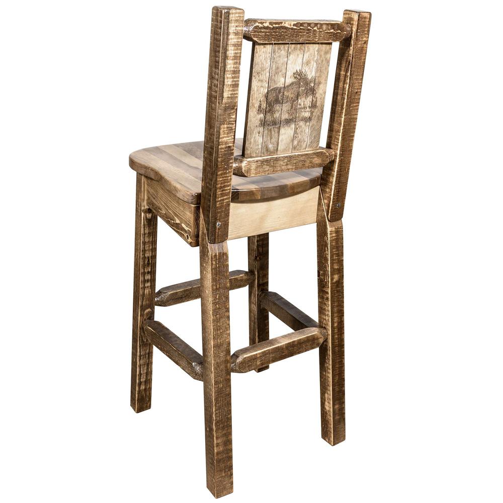Homestead Collection Counter Height Barstool w/ Back, w/ Laser Engraved Moose Design, Stain & Lacquer Finish. Picture 1