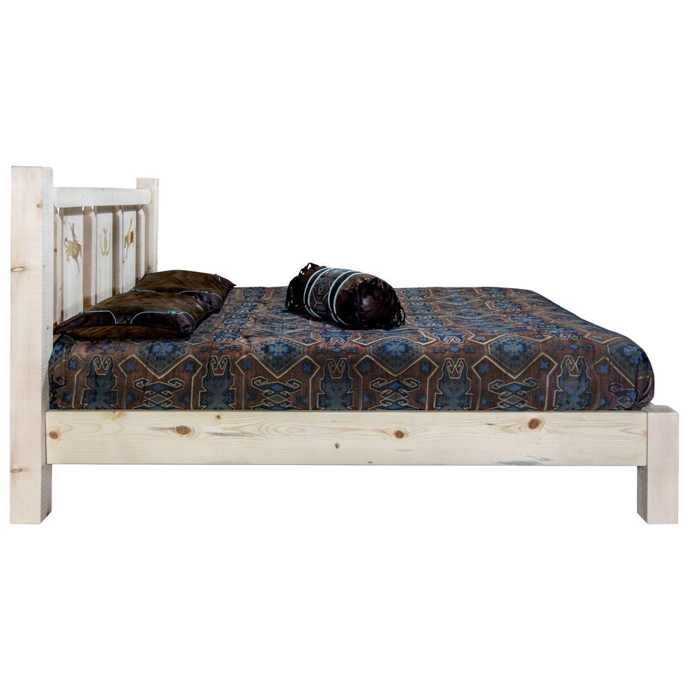 Homestead Collection Queen Platform Bed w/ Laser Engraved Bronc Design, Clear Lacquer Finish. Picture 4