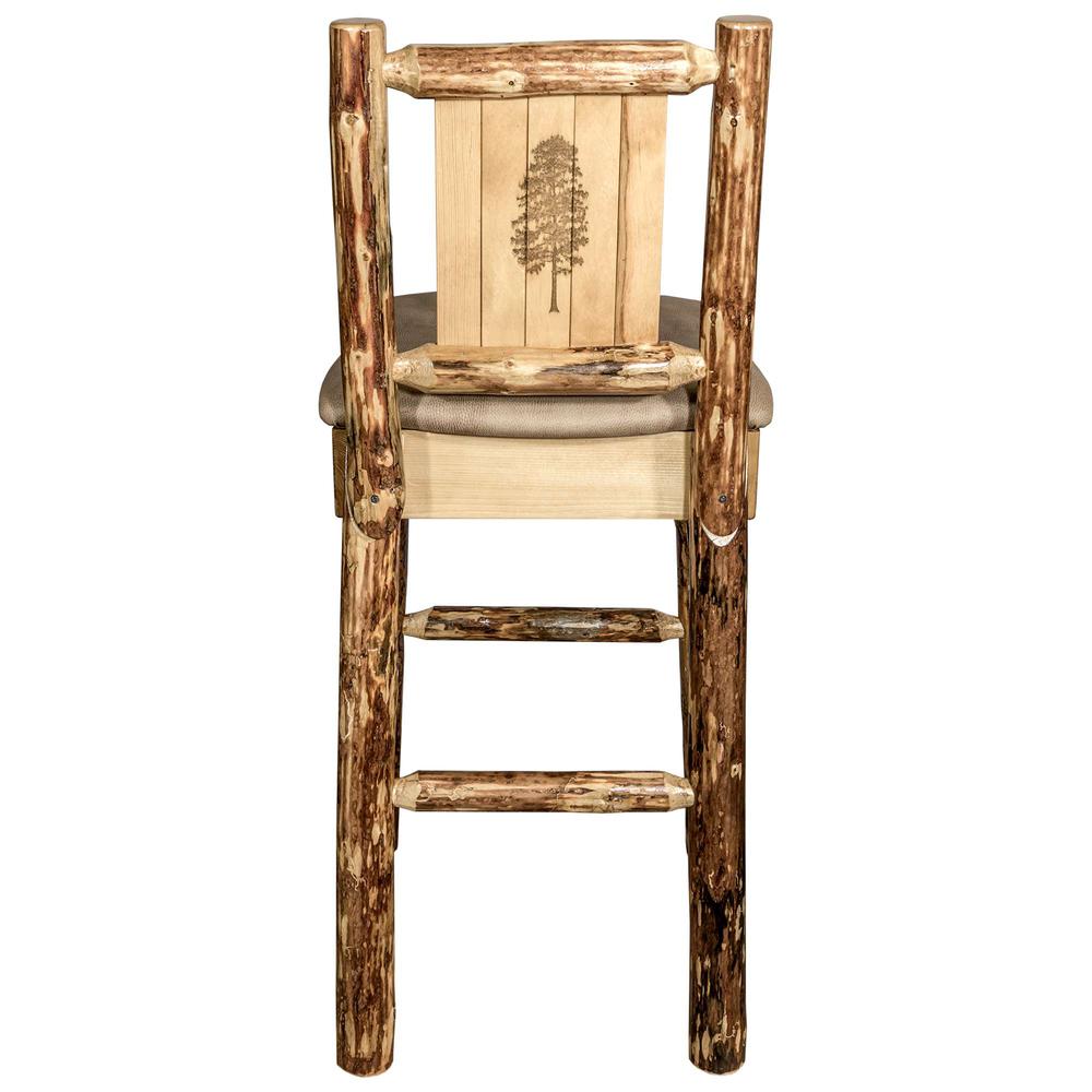 Glacier Country Collection Counter Height Barstool w/ Back - Buckskin Upholstery, w/ Laser Engraved Pine Tree Design. Picture 2
