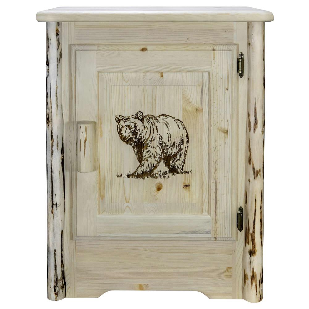 Montana Collection Accent Cabinet w/ Laser Engraved Bear Design, Right Hinged, Clear Lacquer Finish. Picture 2