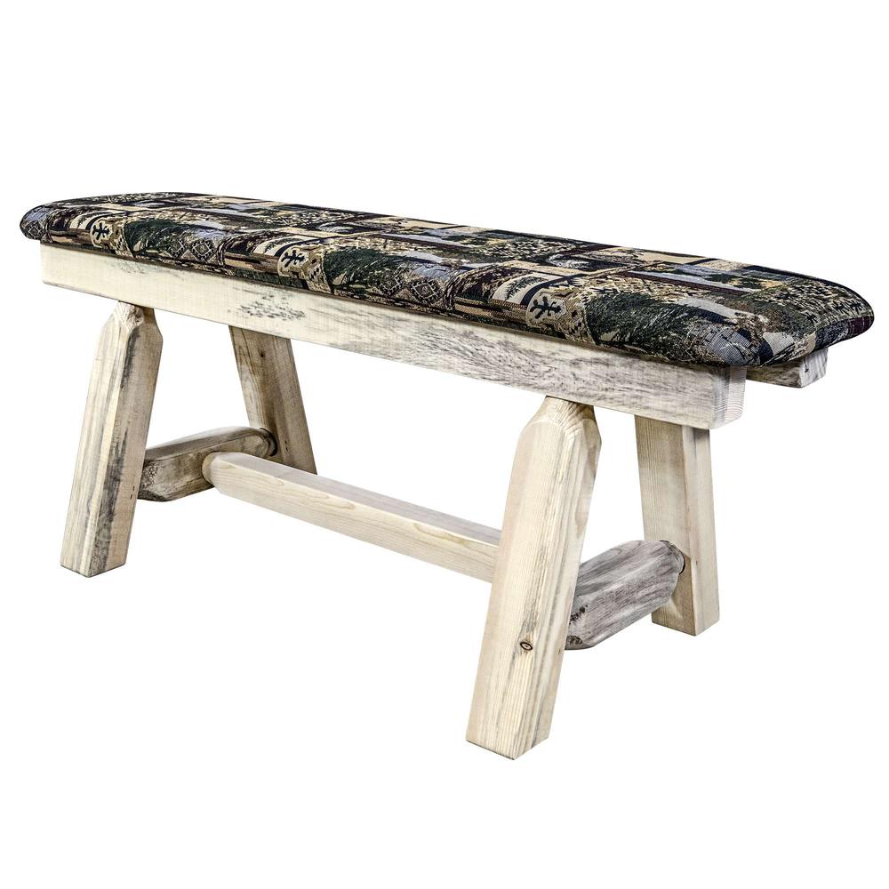 Homestead Collection Plank Style Bench, Clear Lacquer Finish, 45 Inch w/ Woodland Upholstery. Picture 3