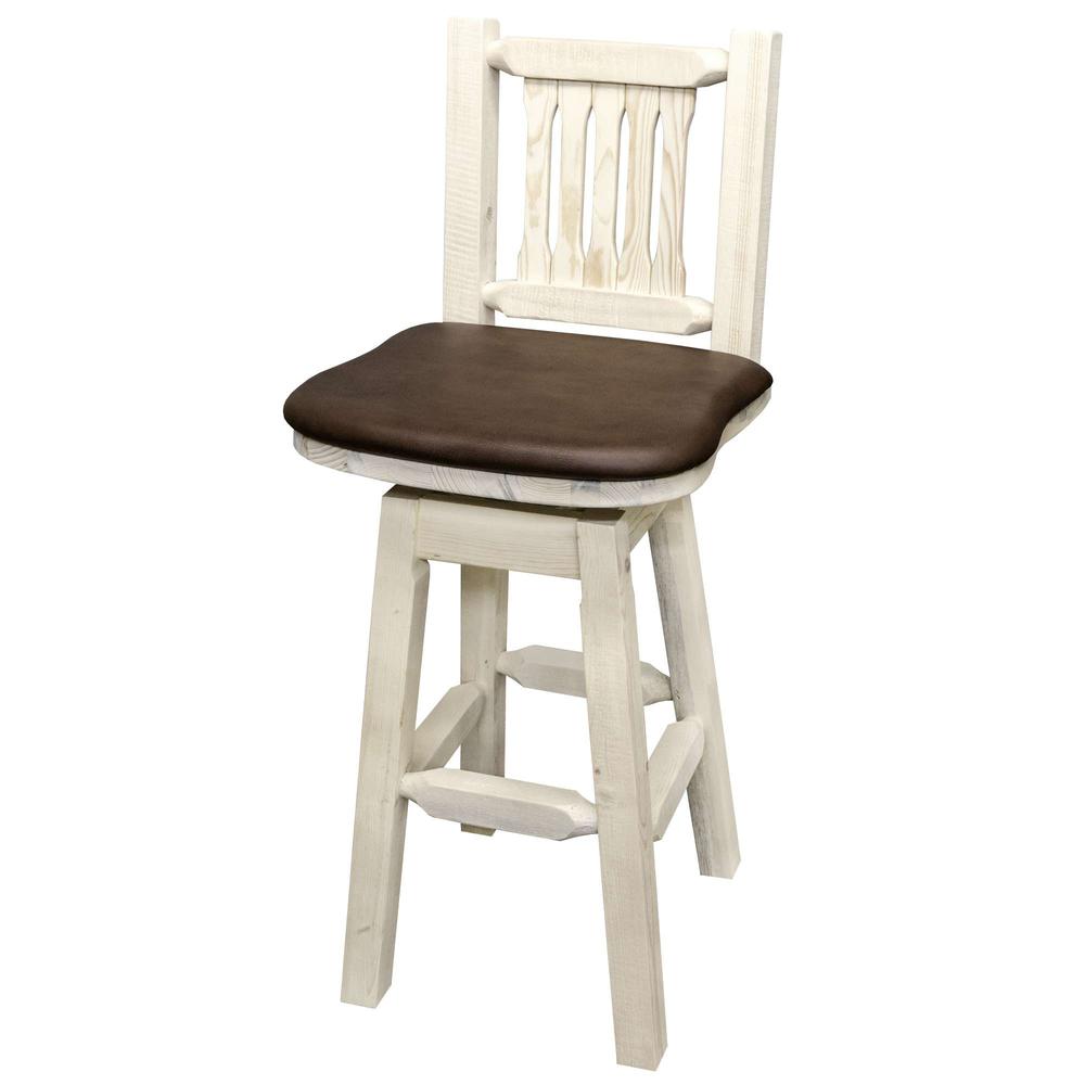 Homestead Collection Barstool w/ Back & Swivel, Clear Lacquer Finish w/ Upholstered Seat, Saddle Pattern. Picture 2
