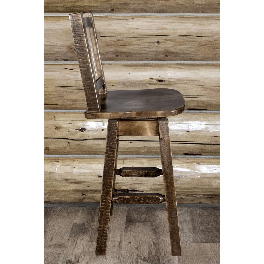 Homestead Collection Counter Height Barstool w/ Back & Swivel w/ Laser Engraved Bear Design, Stain & Lacquer Finish. Picture 10