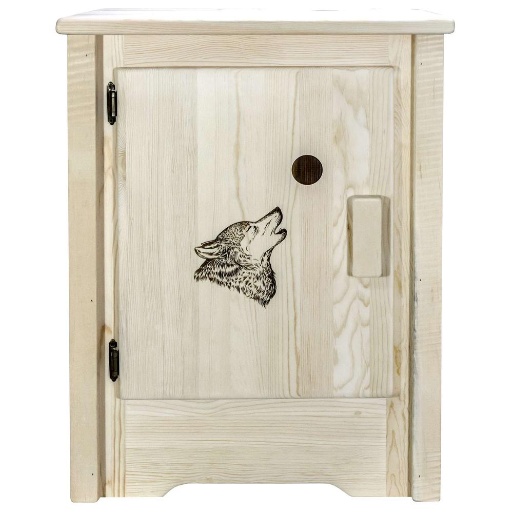 Homestead Collection Accent Cabinet w/ Laser Engraved Wolf Design, Left Hinged, Clear Lacquer Finish. Picture 2