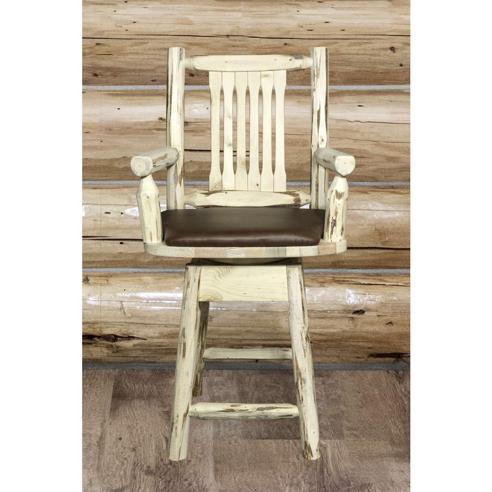 Montana Collection Counter Height Swivel Captain's Barstool - Saddle Upholstery, Clear Lacquer Finish. Picture 5