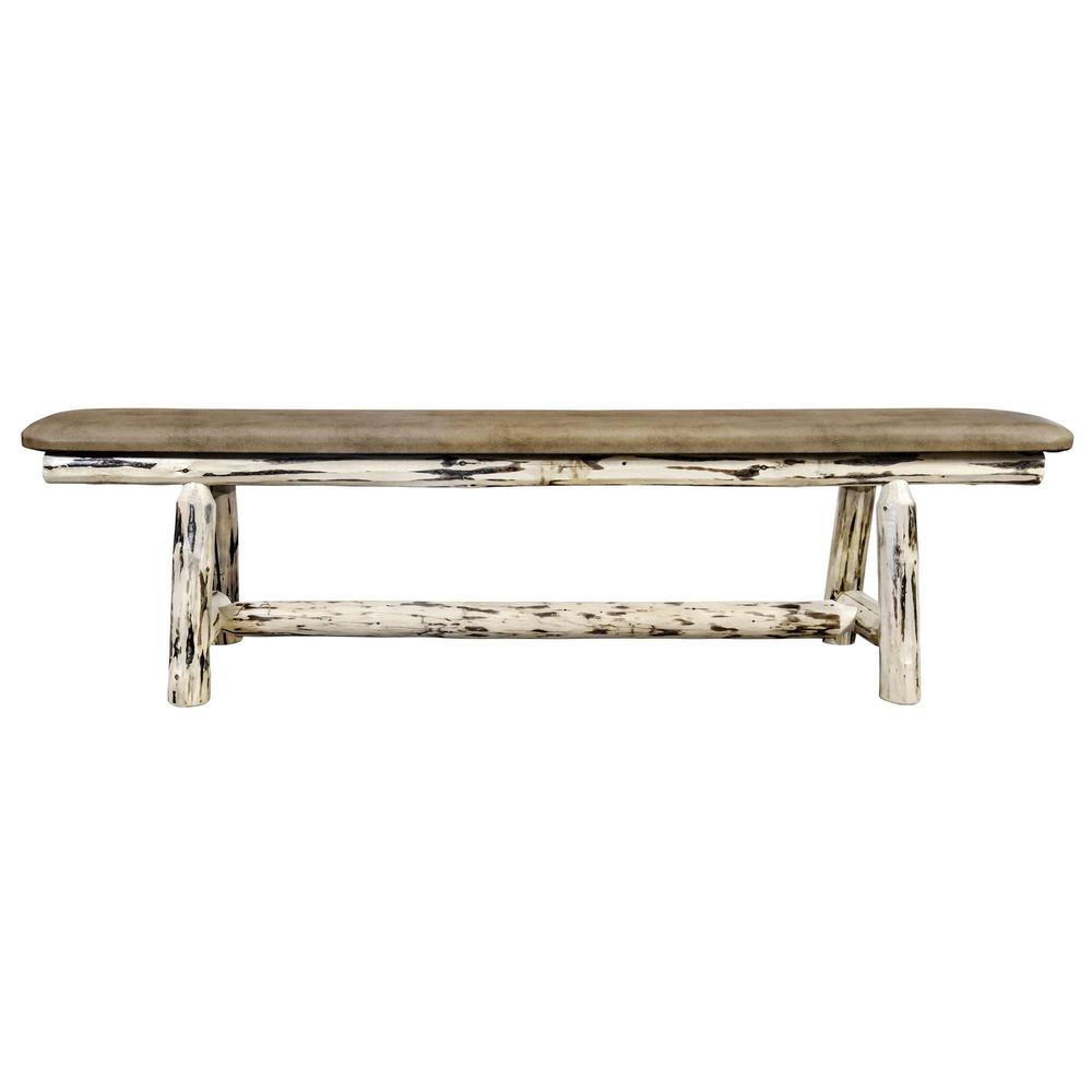 Montana Collection Plank Style Bench, Clear Lacquer Finish, 6 foot w/ Buckskin Upholstery. Picture 2