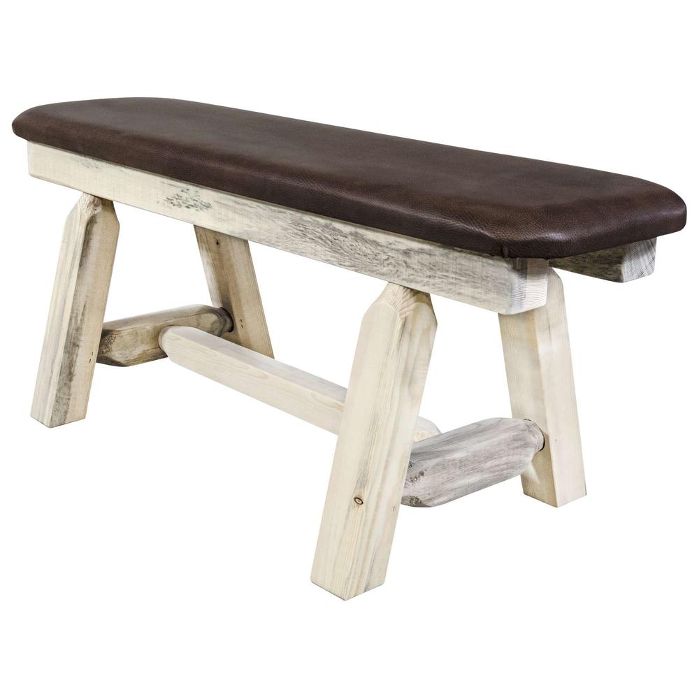 Homestead Collection Plank Style Bench, Clear Lacquer Finish, 45 Inch w/ Saddle Upholstery. Picture 3
