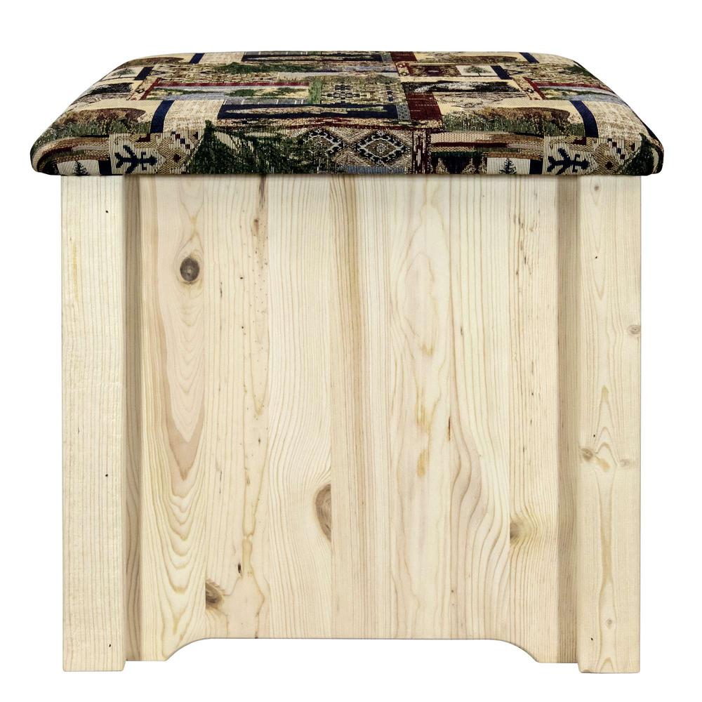 Homestead Collection Upholstered Ottoman w/ Storage, Woodland Upholstery, Clear Lacquer Finish. Picture 2