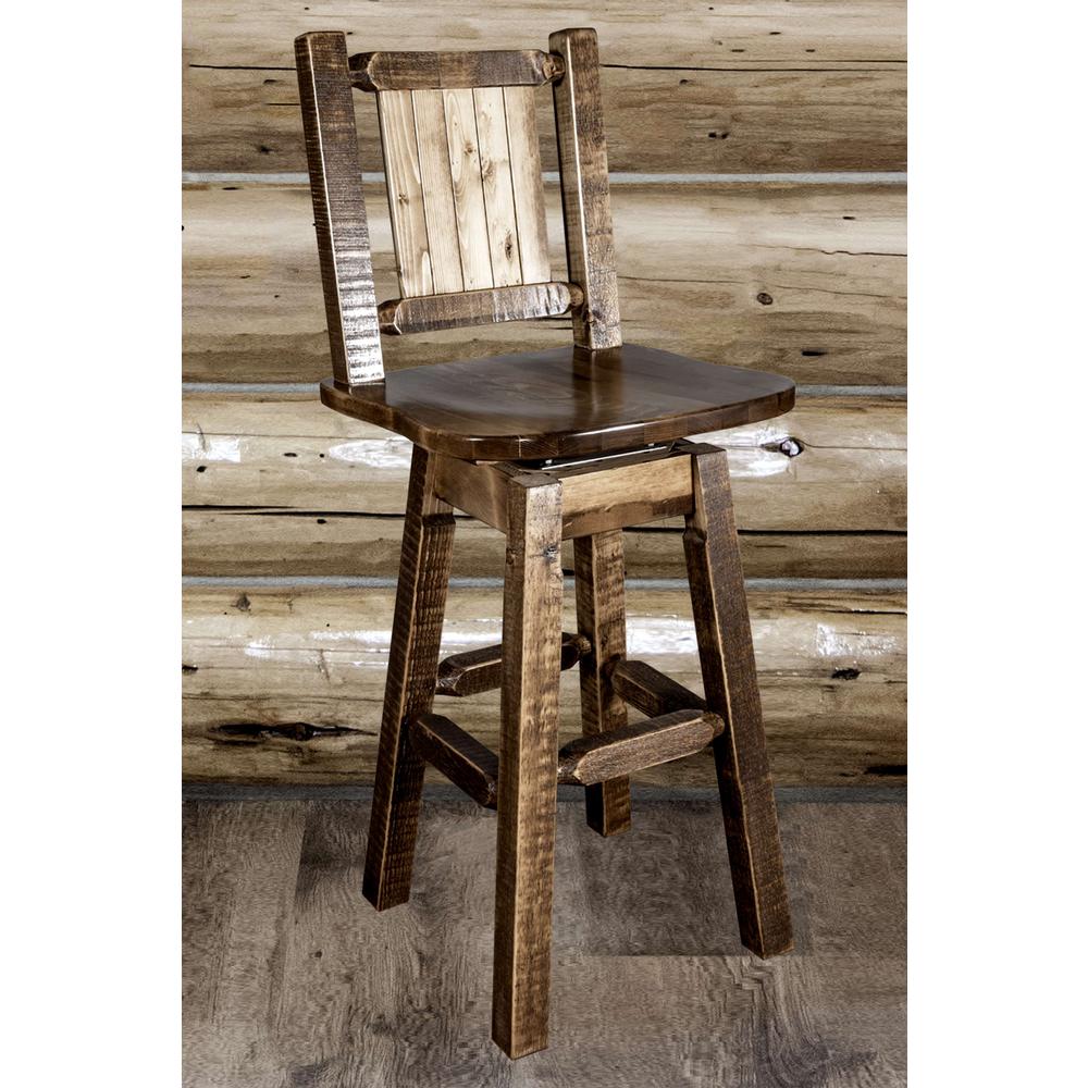 Homestead Collection Counter Height Barstool w/ Back & Swivel w/ Laser Engraved Moose Design, Stain & Lacquer Finish. Picture 8