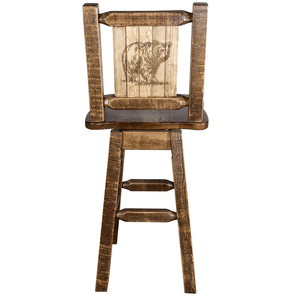 Homestead Collection Counter Height Barstool w/ Back & Swivel w/ Laser Engraved Bear Design, Stain & Lacquer Finish. Picture 2