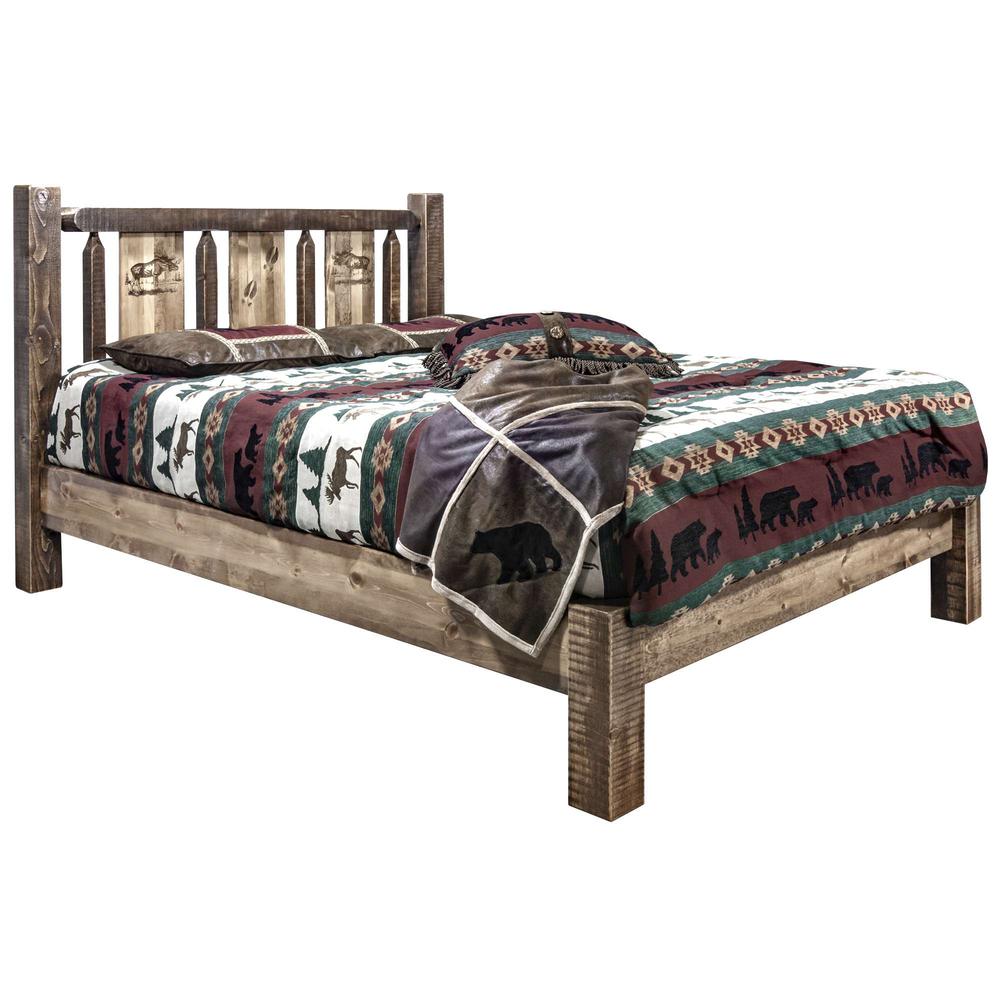 Homestead Collection Full Platform Bed w/ Laser Engraved Moose Design, Stain & Clear Lacquer Finish. Picture 1