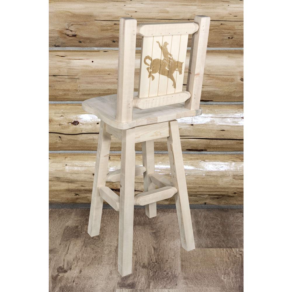 Homestead Collection Counter Height Barstool w/ Back & Swivel w/ Laser Engraved Bronc Design, Clear Lacquer Finish. Picture 6