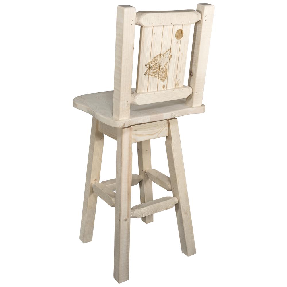 Homestead Collection Counter Height Barstool w/ Back & Swivel w/ Laser Engraved Wolf Design, Clear Lacquer Finish. Picture 1