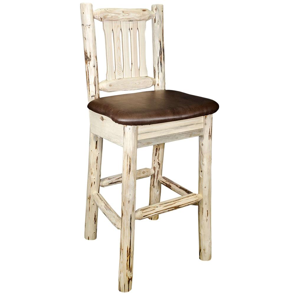 Montana Collection Barstool w/ Back, Clear Lacquer Finish w/ Upholstered Seat, Saddle Pattern. Picture 1