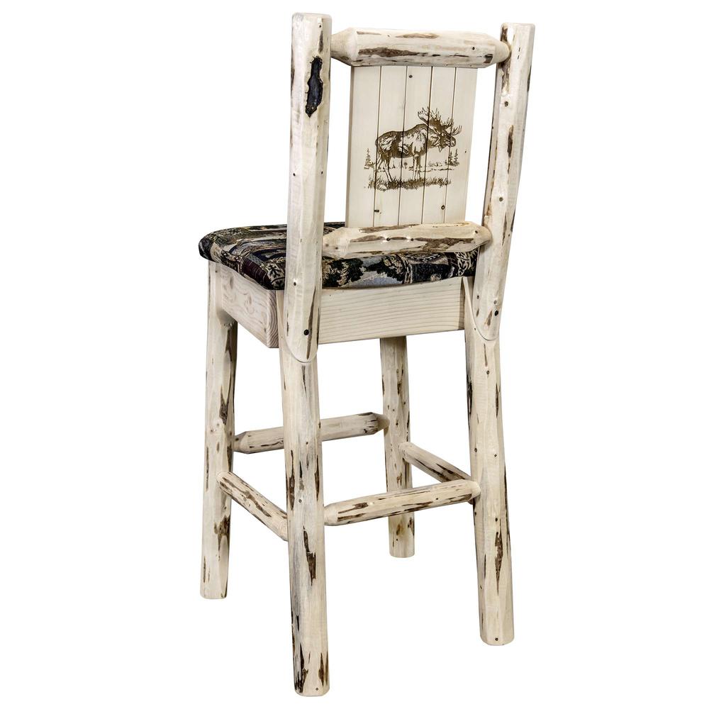 Montana Collection Barstool w/ Back - Woodland Upholstery, w/ Laser Engraved Moose Design, Clear Lacquer Finish. Picture 1