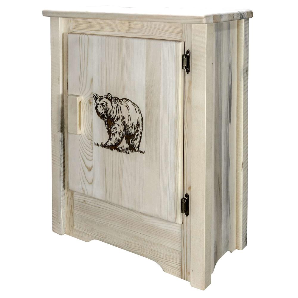 Homestead Collection Accent Cabinet w/ Laser Engraved Bear Design, Right Hinged, Clear Lacquer Finish. Picture 1
