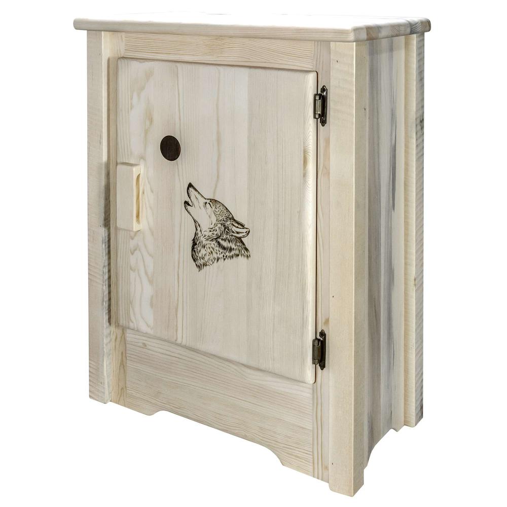 Homestead Collection Accent Cabinet w/ Laser Engraved Wolf Design, Right Hinged, Clear Lacquer Finish. Picture 1