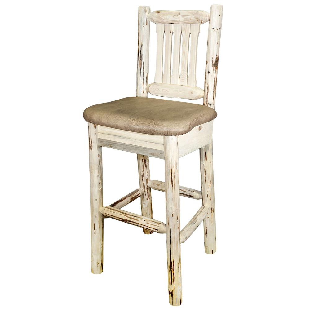 Montana Collection Barstool w/ Back, Clear Lacquer Finish w/ Upholstered Seat, Buckskin Pattern. Picture 2