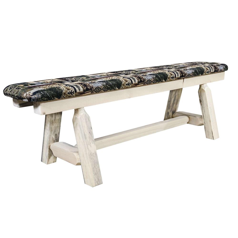 Homestead Collection Plank Style Bench, Clear Lacquer Finish, 5 Foot w/ Woodland Upholstery. Picture 1
