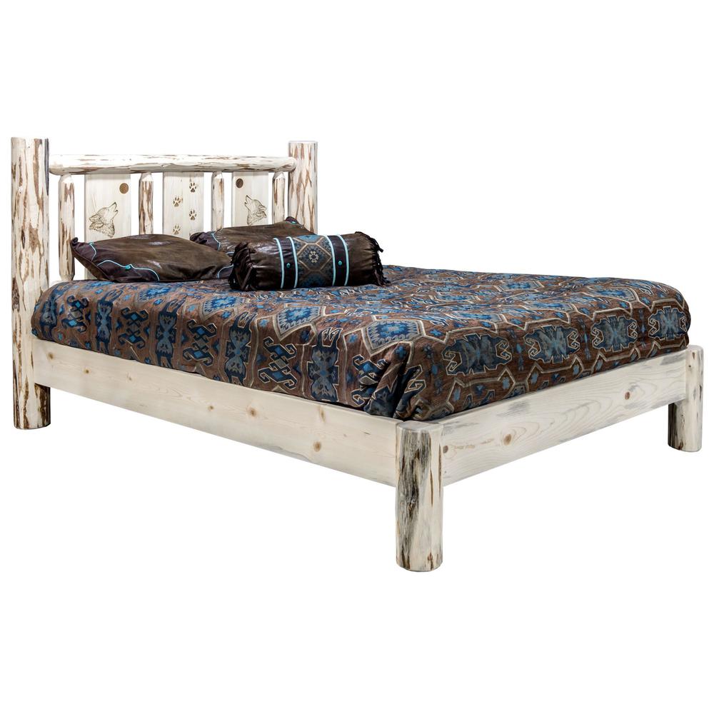 Montana Collection King Platform Bed w/ Laser Engraved Wolf Design, Clear Lacquer Finish. Picture 1