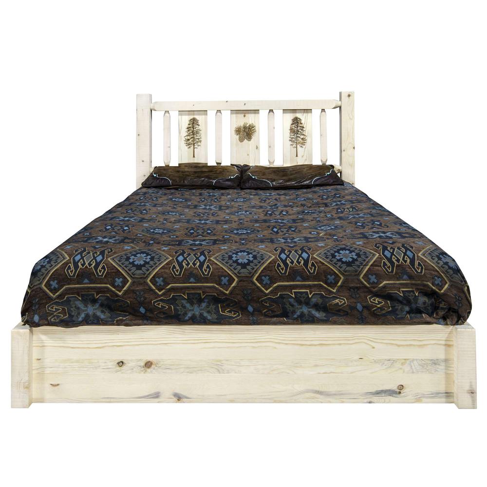 Homestead Collection Platform Bed w/ Storage, Queen w/ Laser Engraved Pine Design, Clear Lacquer Finish. Picture 2