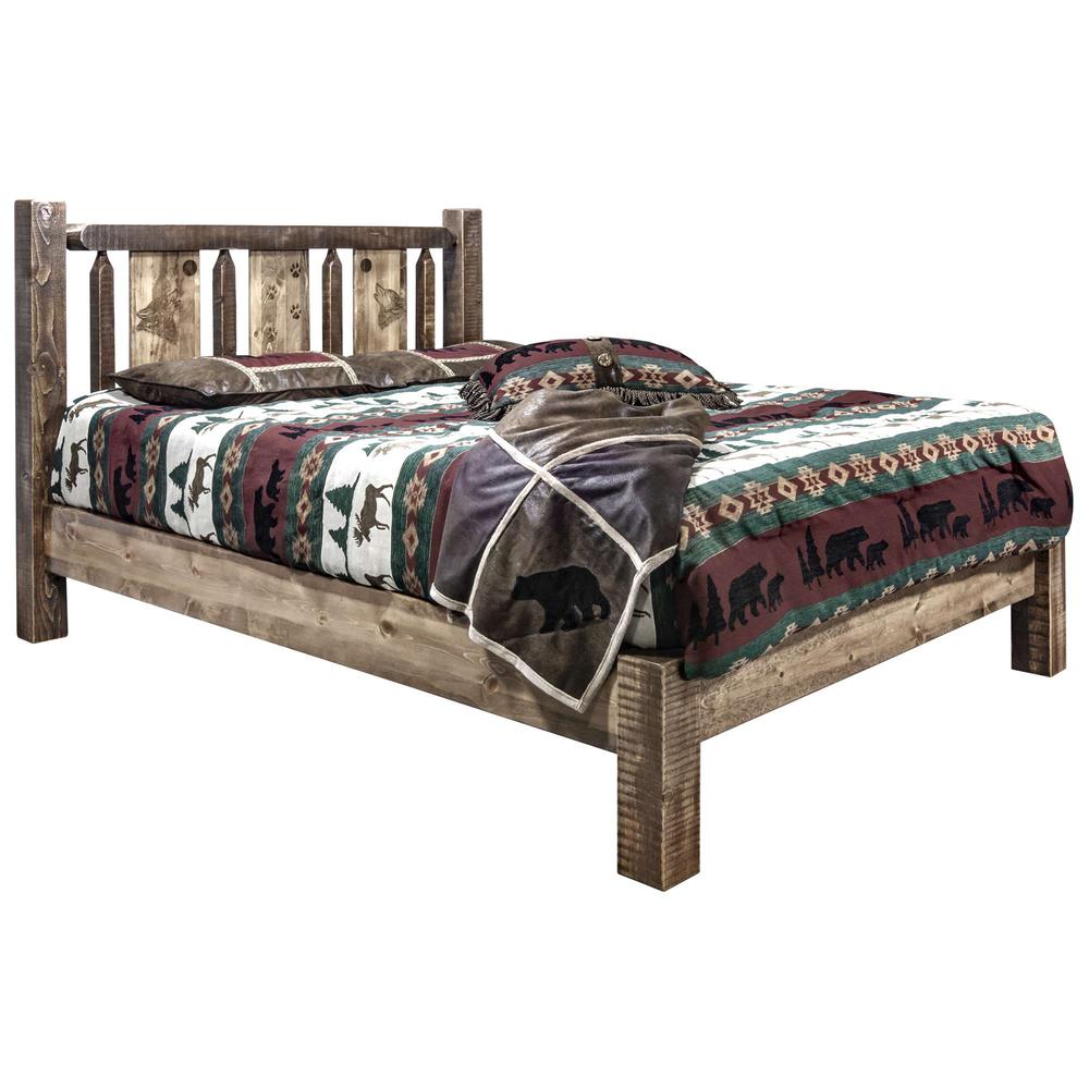 Homestead Collection Full Platform Bed w/ Laser Engraved Wolf Design, Stain & Clear Lacquer Finish. Picture 1