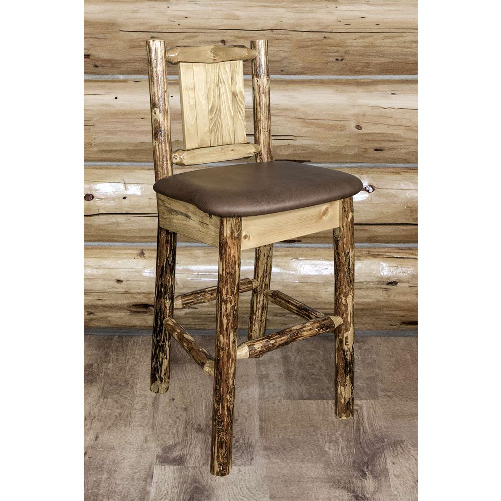 Glacier Country Collection Counter Height Barstool w/ Back - Saddle Upholstery, w/ Laser Engraved Pine Tree Design. Picture 8
