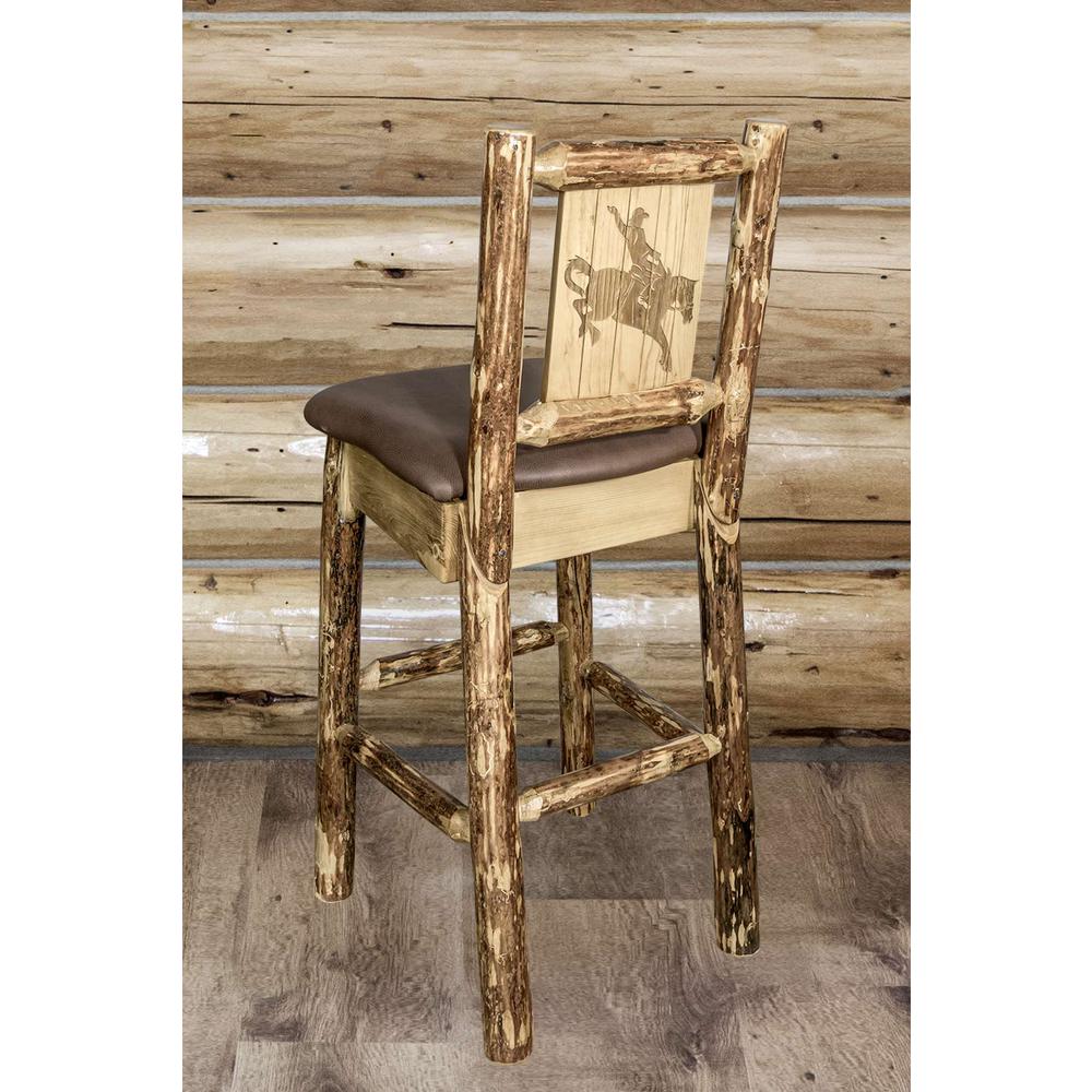 Glacier Country Collection Counter Height Barstool w/ Back - Saddle Upholstery, w/ Laser Engraved Bronc Design. Picture 6