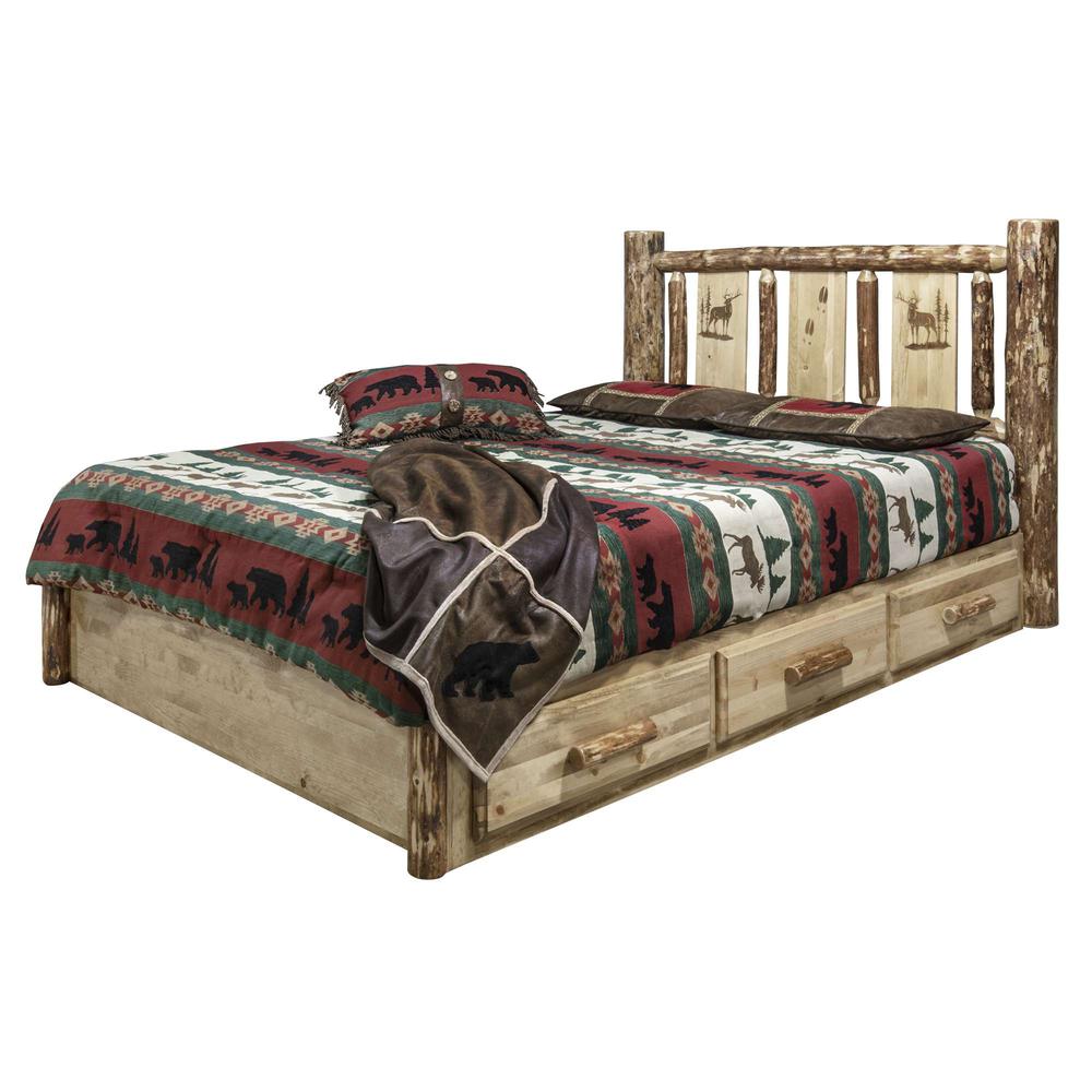 Glacier Country Collection Platform Bed w/ Storage, Full w/ Laser Engraved Elk Design. Picture 3